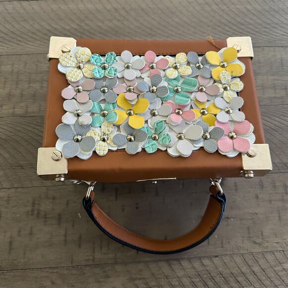 Studded Colorful Flower Embellished Box Satchel Purse Bag NEW - Picture 1 of 6